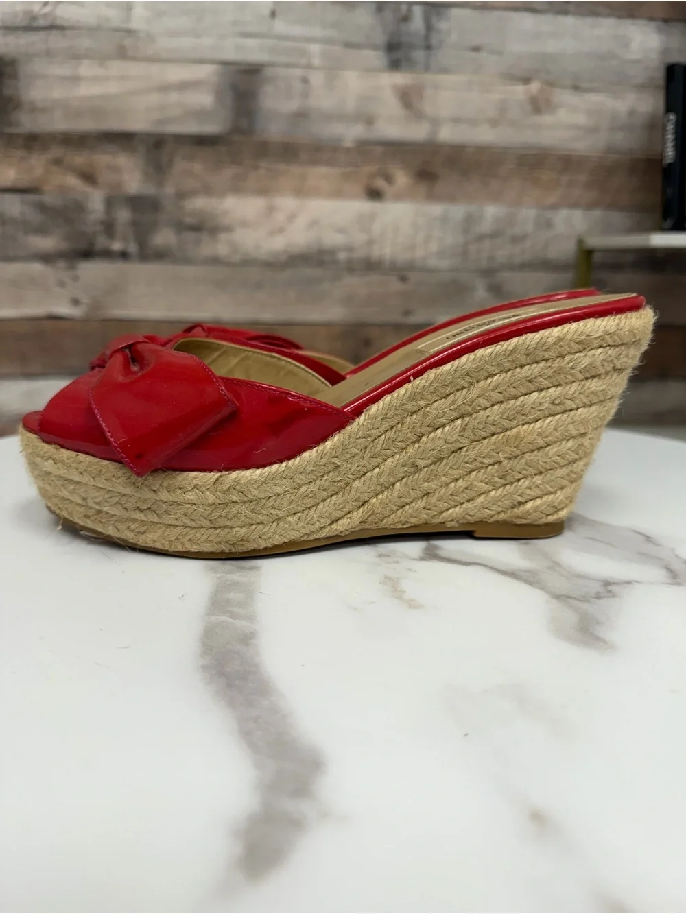 Valentino Red Patent Bow Espadrille Wedge Sandal with bow